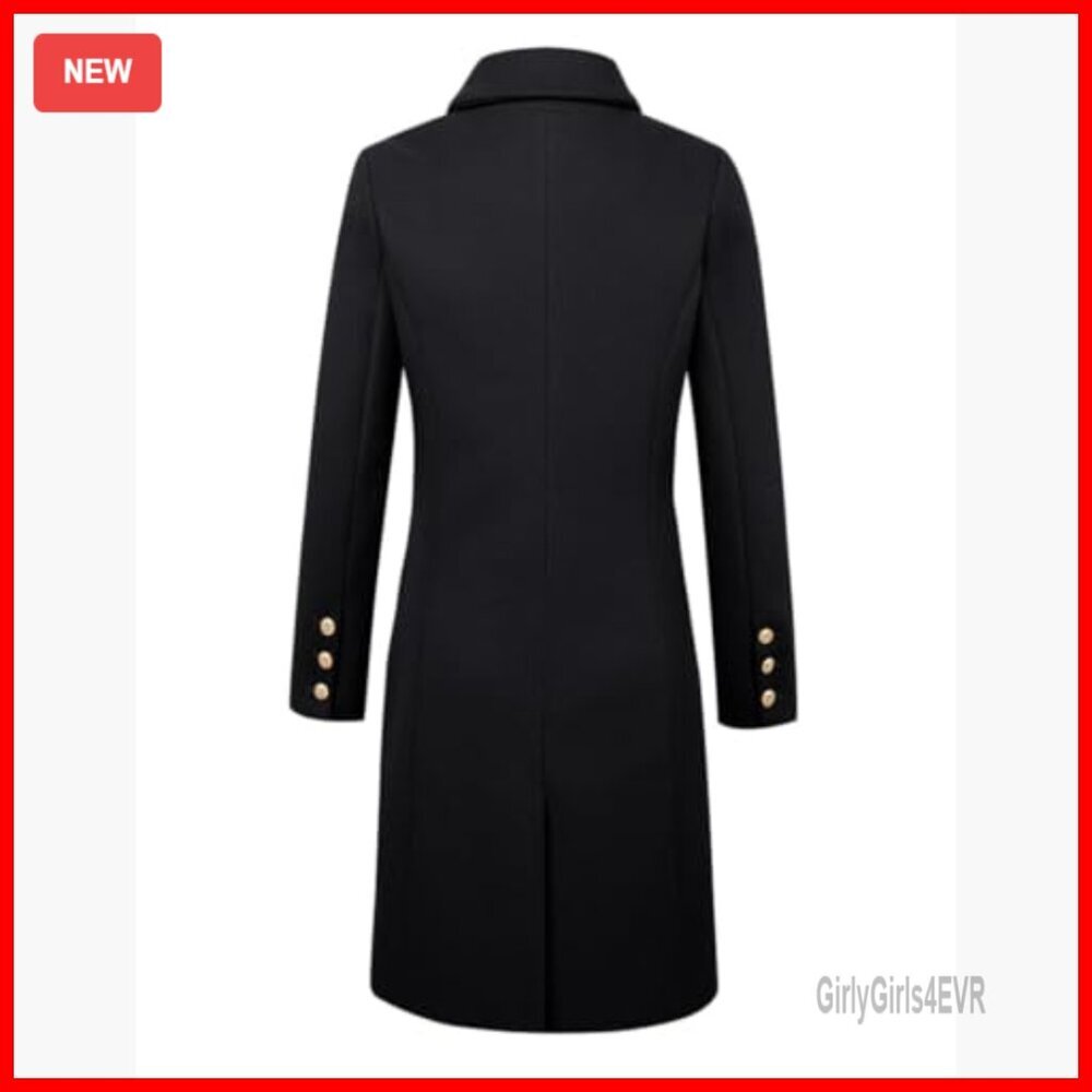 Wool Pea Coat Double Breasted Midi Trench Coat Fall Winter Slim Fit - Picture 4 of 5